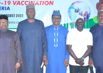 L-R; Minister of Health, Dr. Osagie Ehanire; Secretary to the Government of the Federation (SGF) of Nigeria and Chairman of the Presidential Task Force on COVID-19, Boss Mustapha; Executive Director of the National Primary Health Care Development Agency (NPHCDA), Dr. Faisal Shuaibu; Country Coordinator (Nigeria), Africa CDC Saving Lives and Livelihoods Initiative, Dr. Bakary Sonko and Minister of State for Health, Ekunmankama Joseph Nkama during the launching of the mass vaccination campaign 'SCALES 3.0' in Abuja recently.