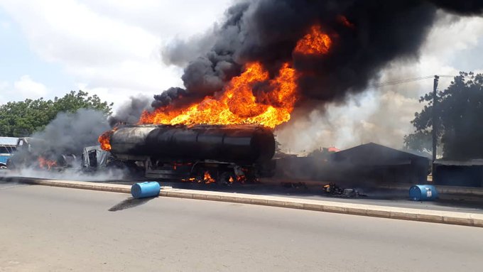 Petrol tanker on fire used to tell the story