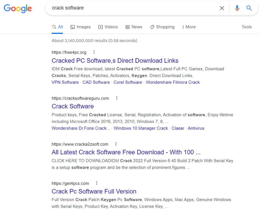 Top Google engine results for “crack software” contain malicious websites delivering NullMixer