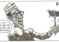 Cartoon for Editorial illustrating Buhari’s fallacy of having met the yearnings of Nigerians