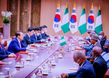 President Muhammadu Buhari and President Yoon Suk-Yeol of Korea with GCEO of NNPC Mele Kyari during a Bilateral Meeting with the President of the Republic of Korea at the Korean Presidential Villa Seoul on 26th Oct 2022