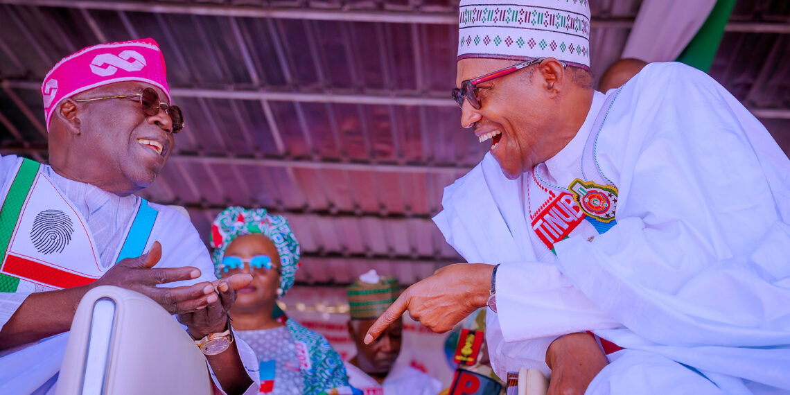 Buhari in Adamawa: Tinubu and President Buhari having a side chat during the campaign [PHOTO: Presidency]
