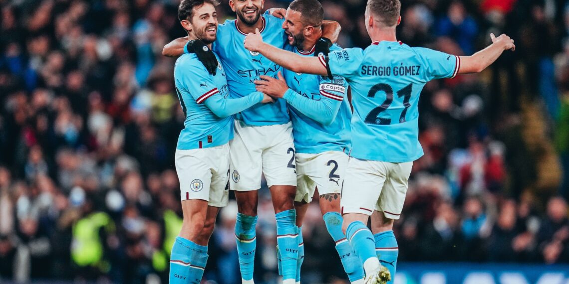 Mahrez Celebrating with teammates after scoring a goal (PHOTO CREDIT: Manchester City Twitter Handle)