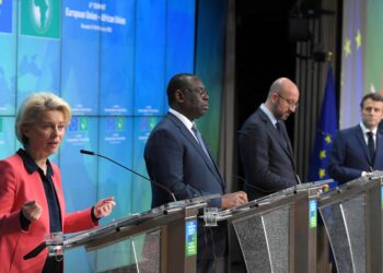 President of the European Commission Ursula von der Leyen gives a news conference next to Senegal's President Macky Sall.