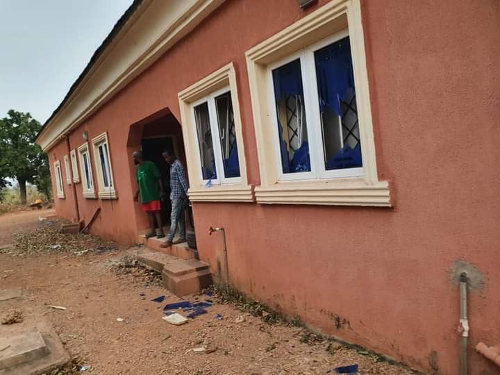 A window of a house that was broken at the venue for a PDP rally in Ebonyi State