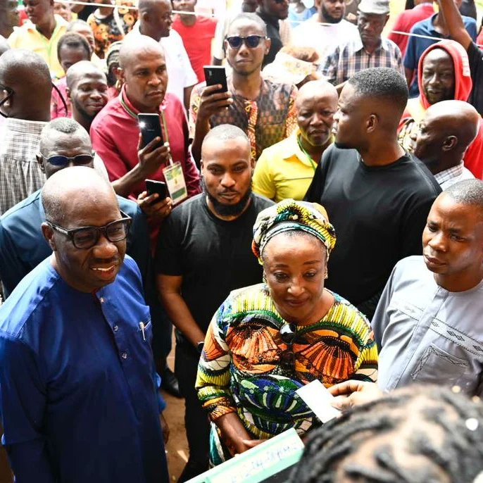 The Governor of Edo State, Mr. Godwin Obaseki, voted at Emokpae Primary School, Oredo LGA, Benin City, Edo State.