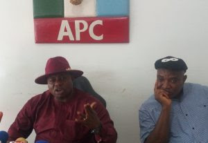 L-R: Mr Alphonsus Eba, Chairman of APC in C’ River and Mr Obono Obla, ex-aide to President Muhammadu Buhari during a press conference on Thursday in Calabar 