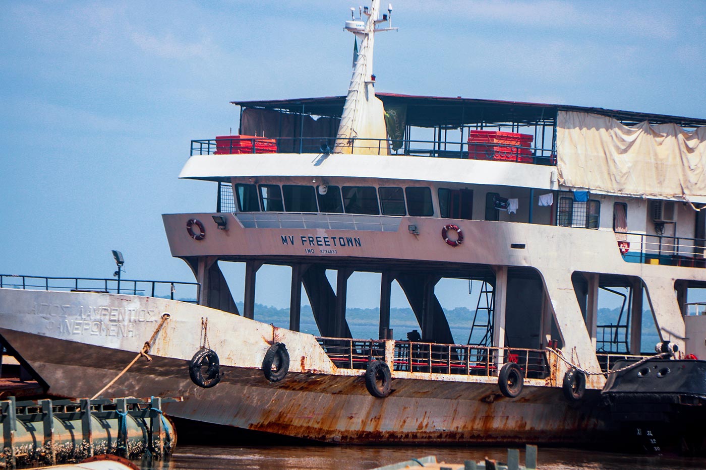 The MV Freetown showed signs of age and disrepair in 2022. (Credit: OCCRP)