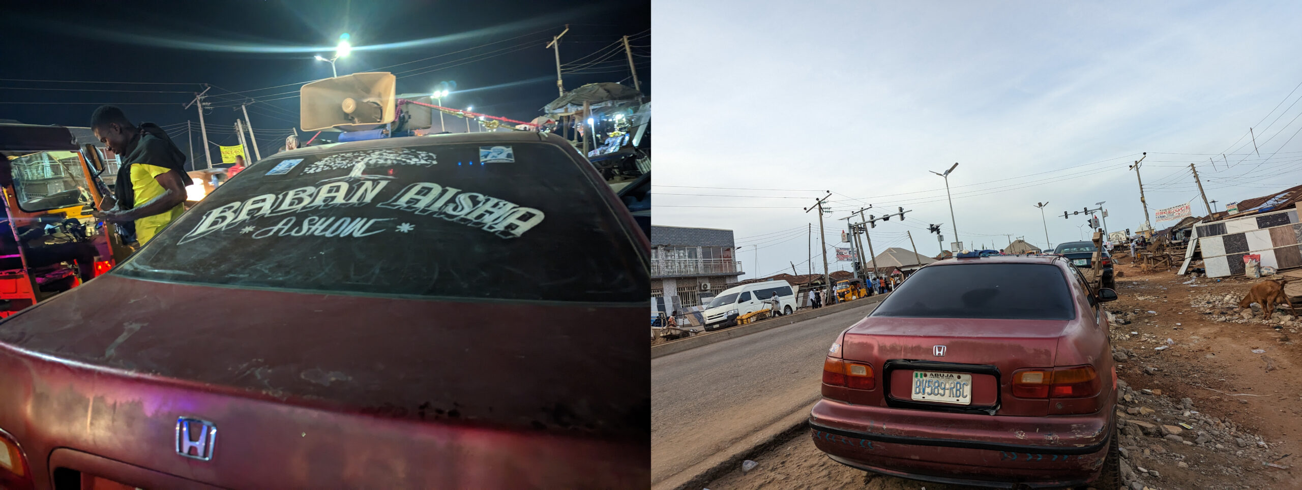 Left, The Honda car with Baban Aisha inscription Right, The Honda car repainted