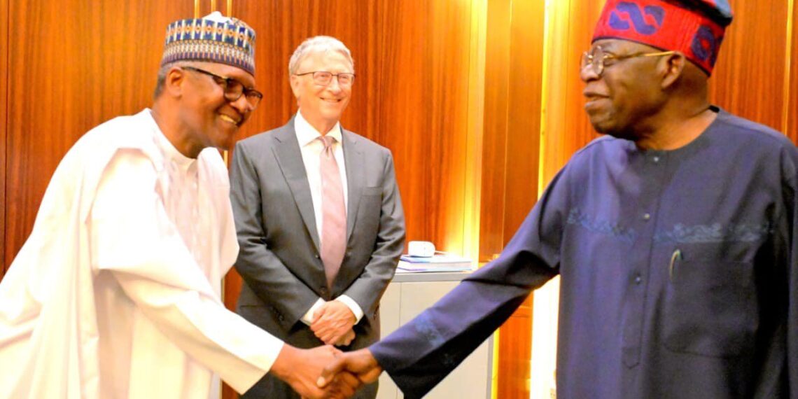President Tinubu with Alh Aliko Dangote and Mr Bill Gates at the presidential villa, Abuja on Monday 19th June 2023- picture credit- Punch newspaper