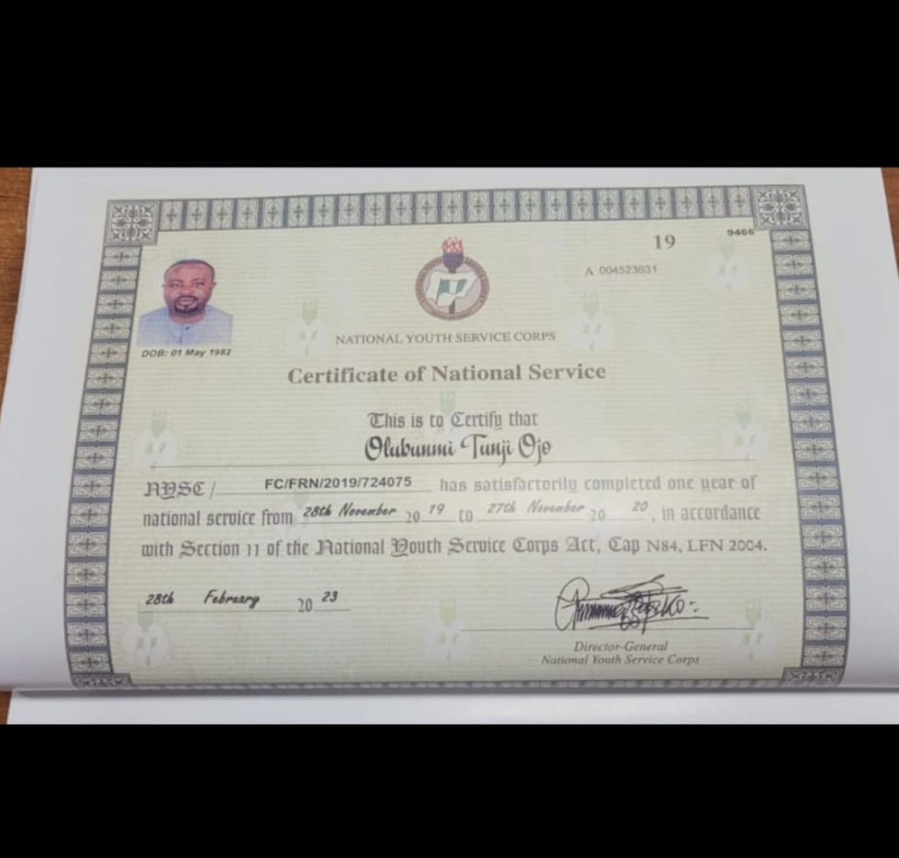 Mr Ojo's NYSC Certificate