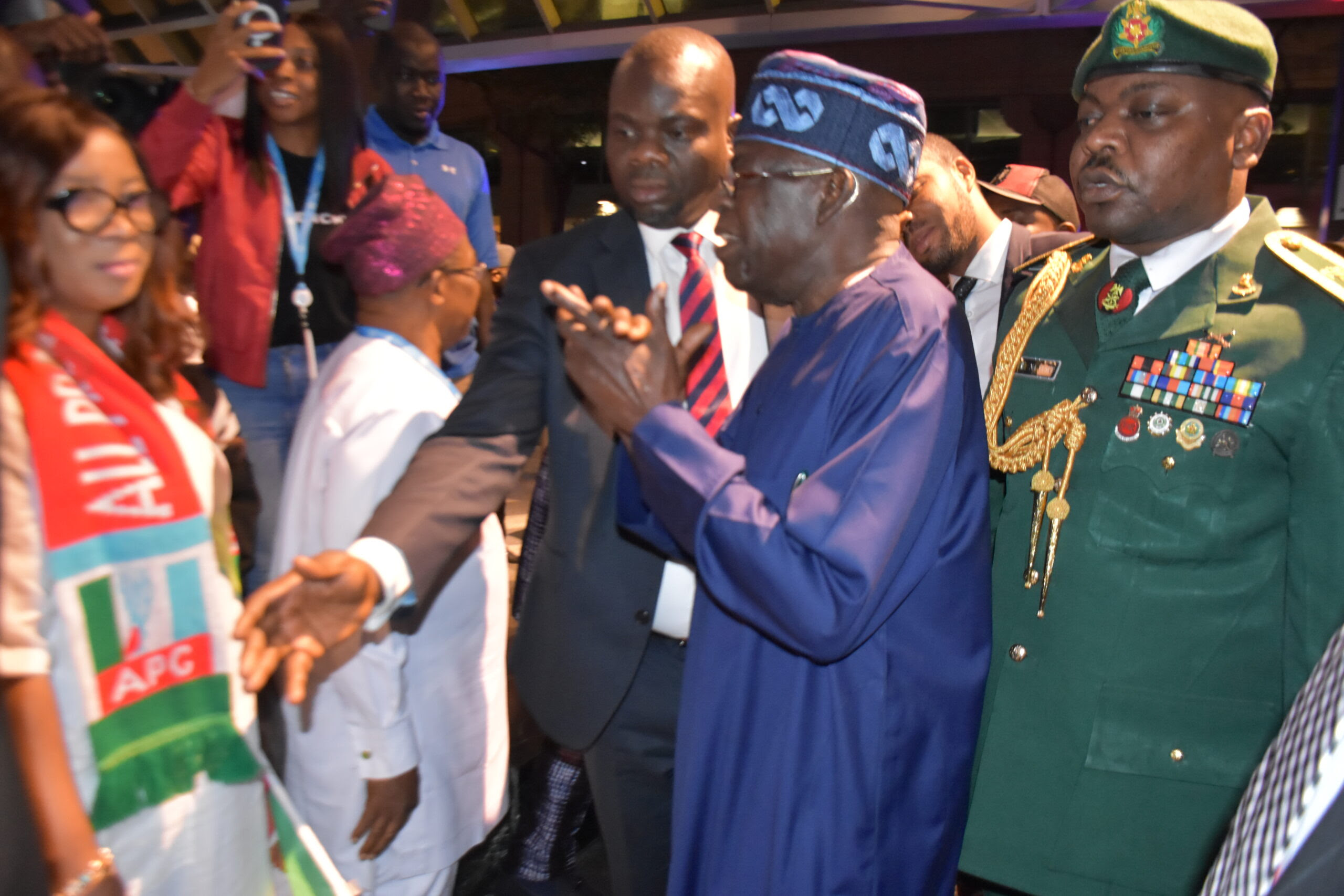 (Middle) President Bola Tinubu greeting the Nigerian delegation on arrival for the 78th session of the United Nations General Assembly in New York [PHOTOMiddle) President Bola Tinubu greeting the Nigerian delegation on arrival for the 78th session of the United Nations General Assembly in New York [PHOTO: NAN]