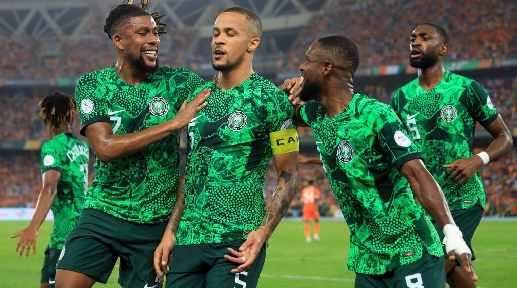Captain Troost Ekong of the Super Eagles celebrate a goal with his teammates at AFCON 2023 (PHOTO CREDIT: XPage @NGSuperEagles)
