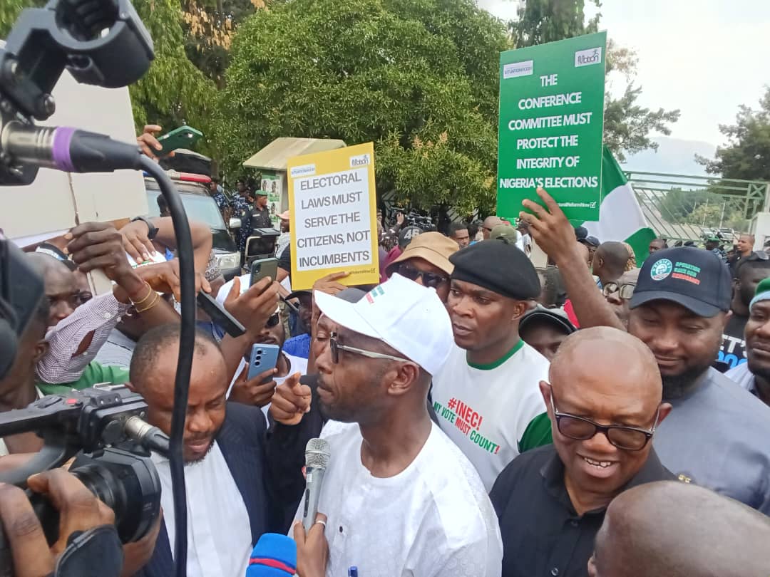 Electoral Act: Peter Obi leads protesters to NASS, demands mandatory electronic transmission of results