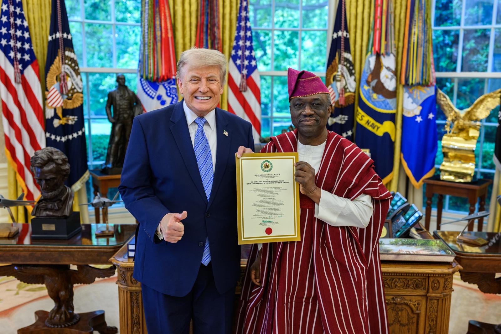 Kayode Aare presents letter of credence to Trump, assumes duty as Nigeria’s envoy to US