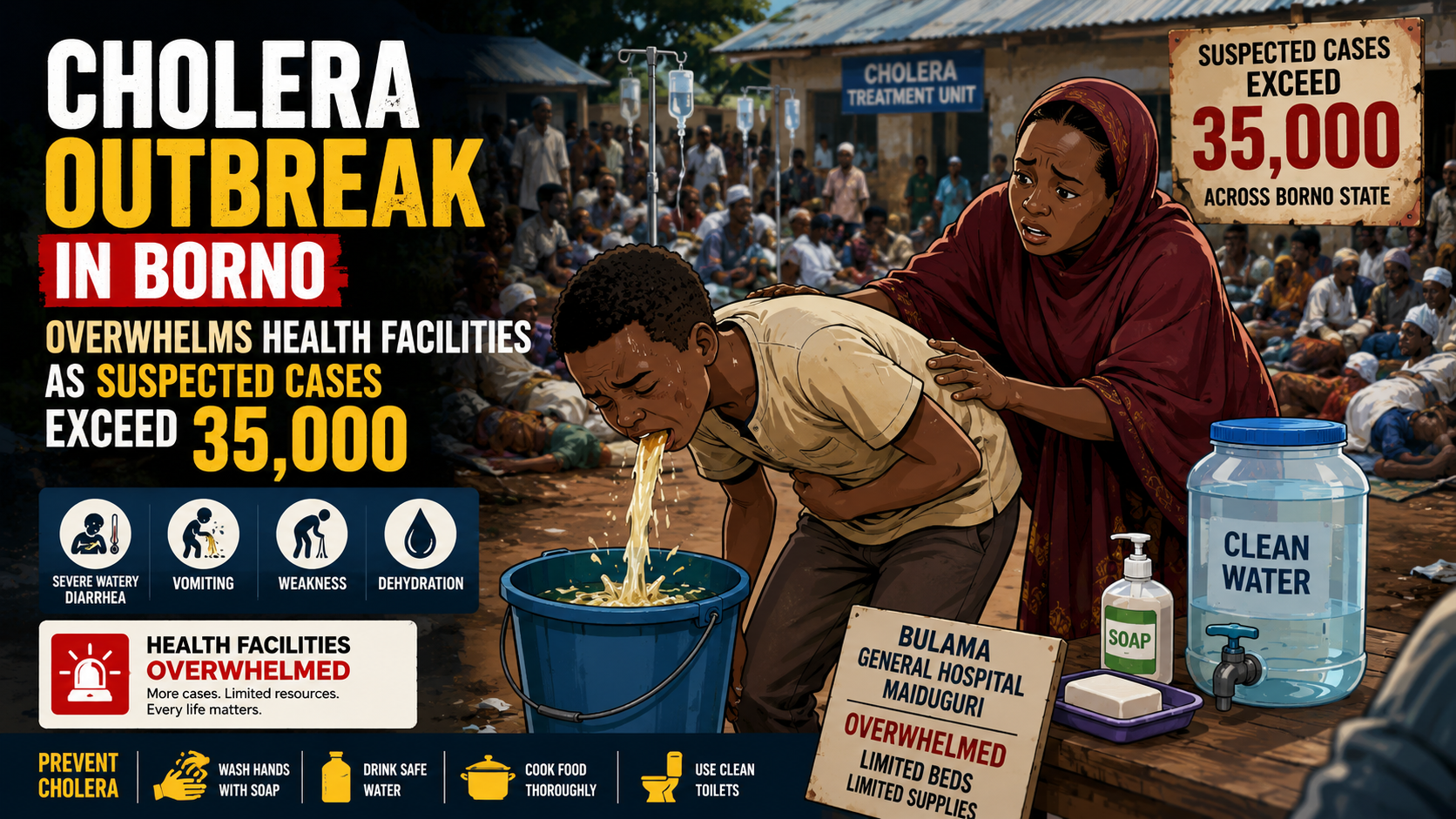 Cholera outbreak in Borno overwhelms health facilities as suspected cases exceed 35,000
