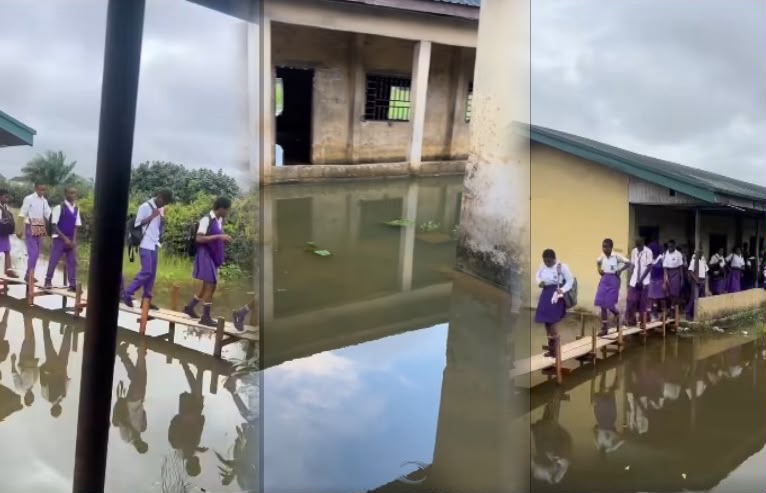 VIDEO: Rivers students cross dangerous floodwater on makeshift planks to reach classroom
